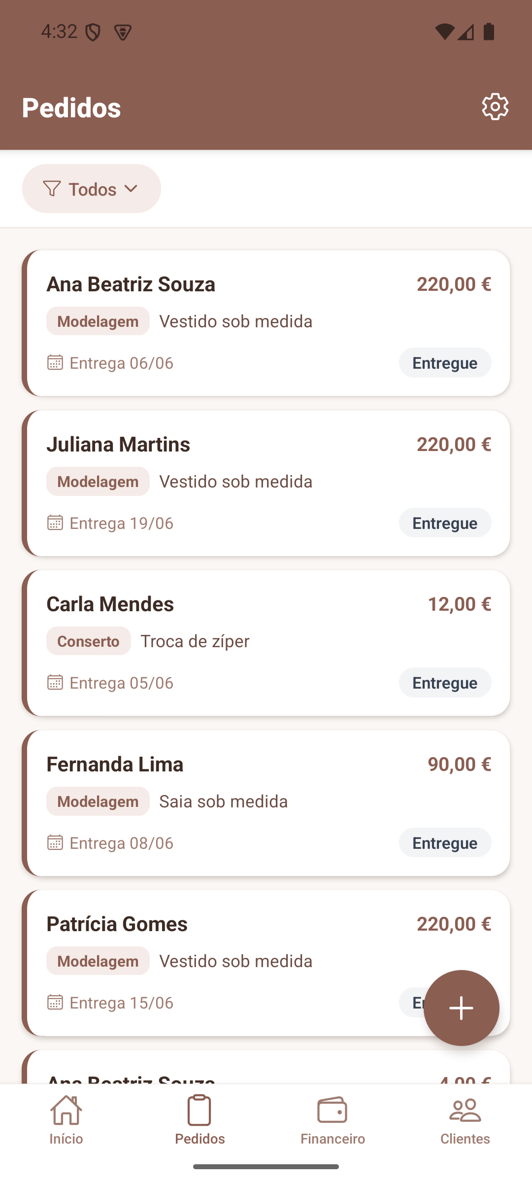 Lista de Pedidos e Estados