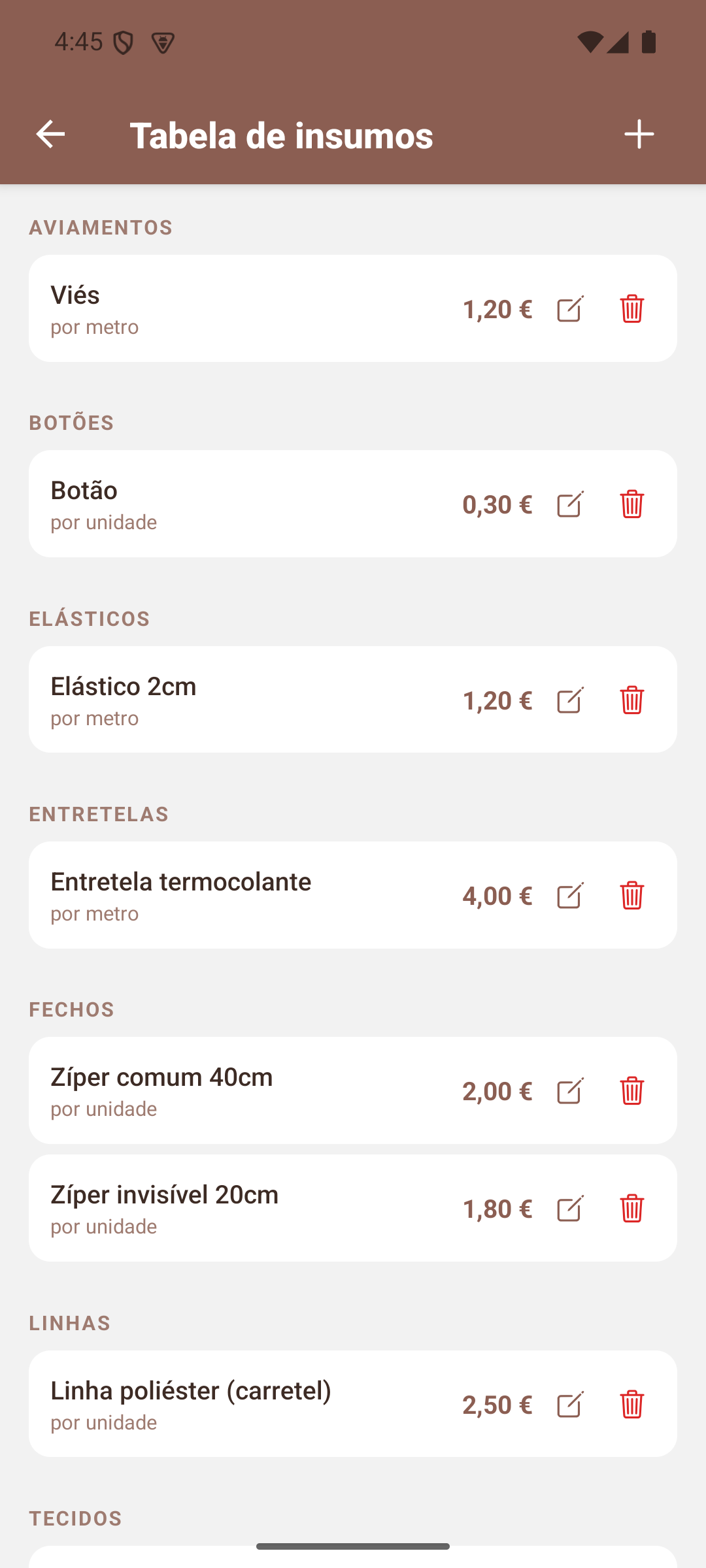Tabela de Insumos
