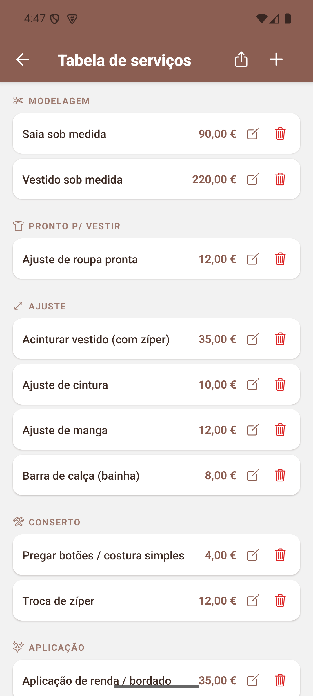 Tabela de Serviços